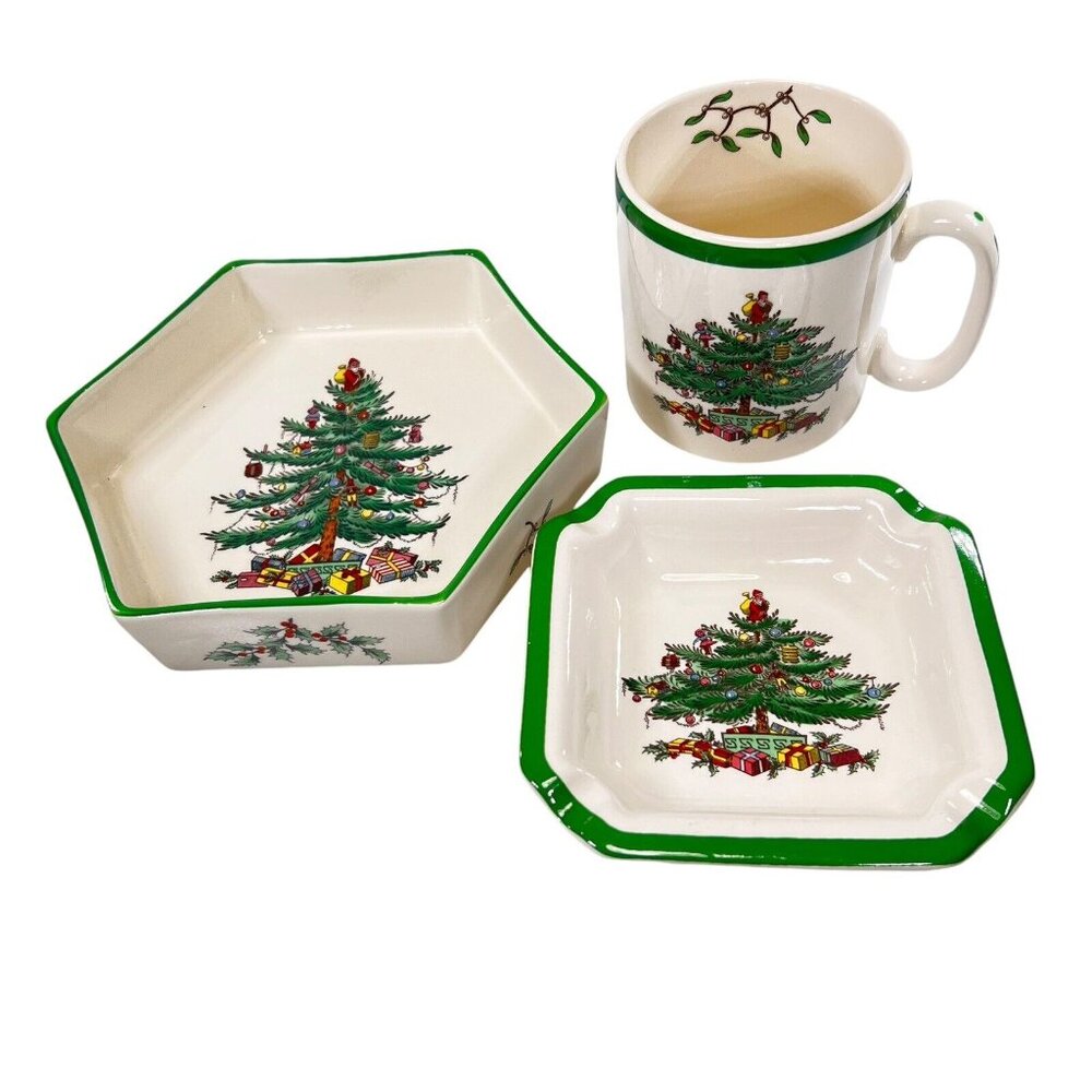 Vtg Spode Christmas Tree Dish Tray Cup Ashtray Mixed Lot of 3 Imperial Cookware